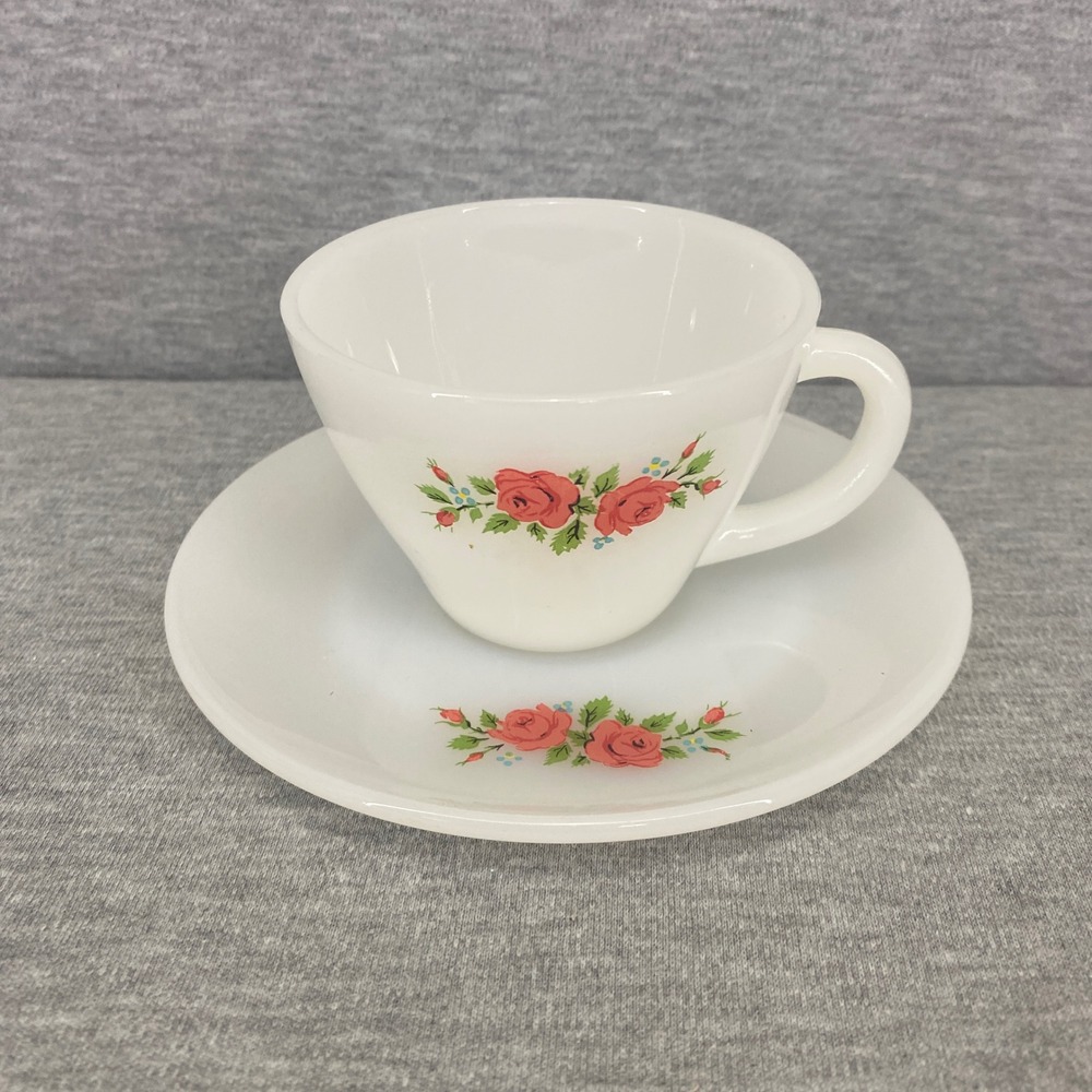 Vintage Fire-King Tea Cup Saucer Red Rose White Floral Milk Glass Retro USA Made